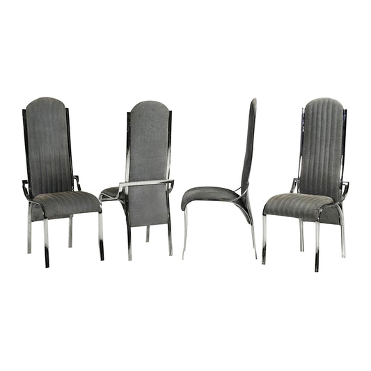 1970 Italian Vintage 4 Curved High Back Chrome Chairs in Blue Gray Stitch Fabric - Cosulich Interiors & Antiques