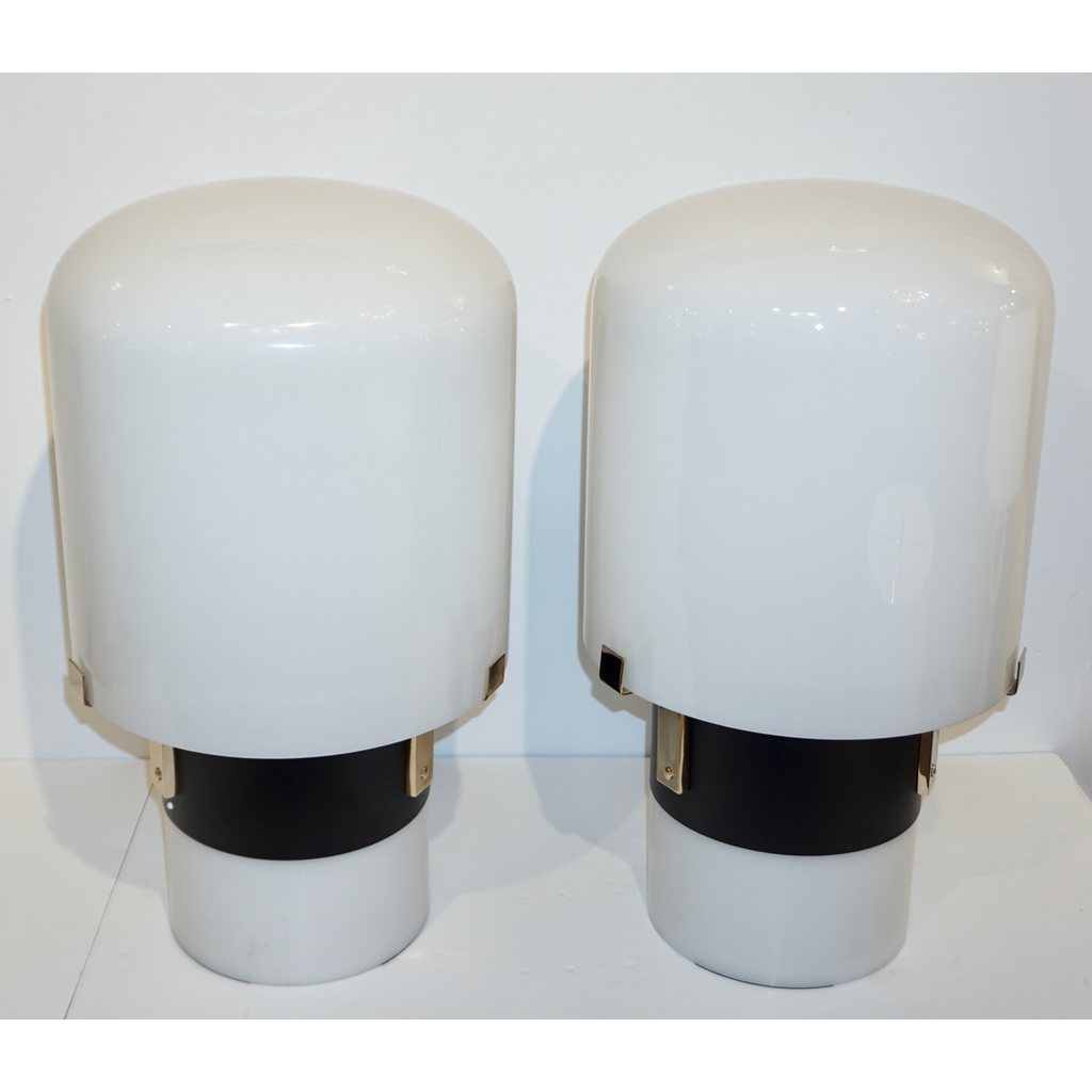 1970 Italian Minimalist Pair of Black White Glass Double-Lit Lucite Modern Table Lamps