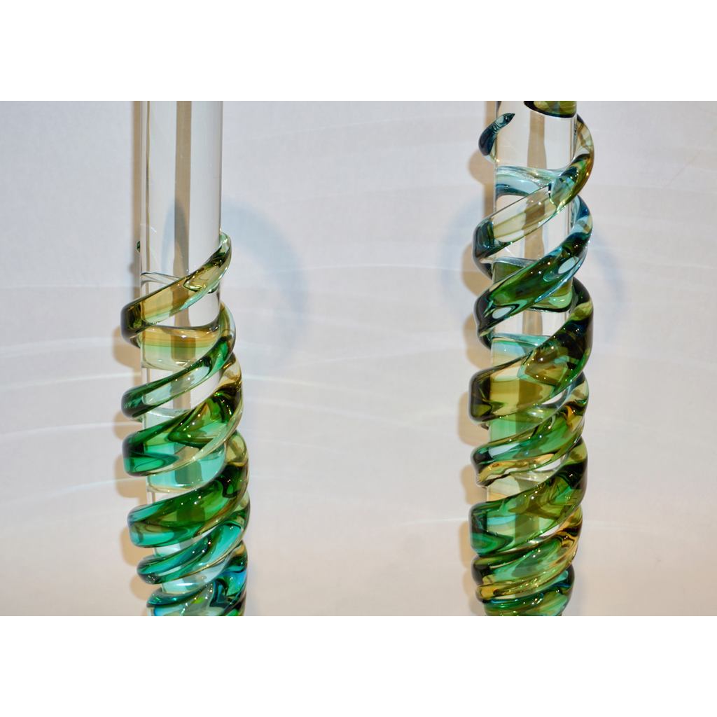 Cenedese 1970s Vintage Italian Yellow Green Aqua Blue Murano Glass Candlesticks - Cosulich Interiors & Antiques