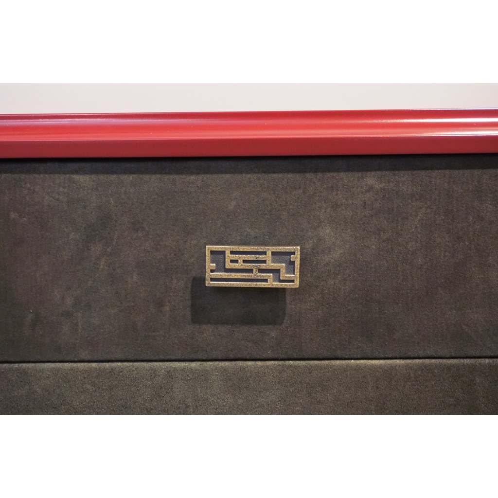1970 Italian Green Leather Burgundy Lacquer Dresser with Mirror & Bronze Accents - Cosulich Interiors & Antiques