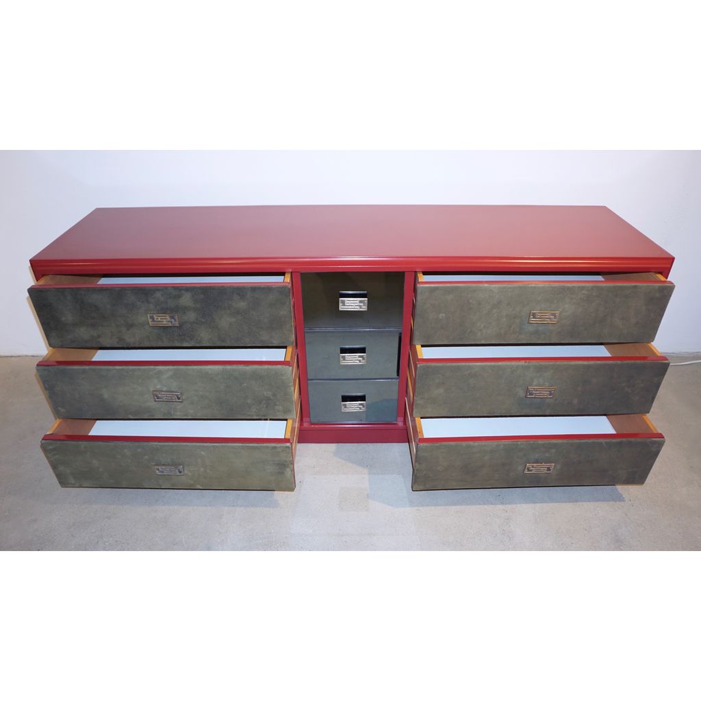 1970 Italian Green Leather Burgundy Lacquer Dresser with Mirror & Bronze Accents - Cosulich Interiors & Antiques