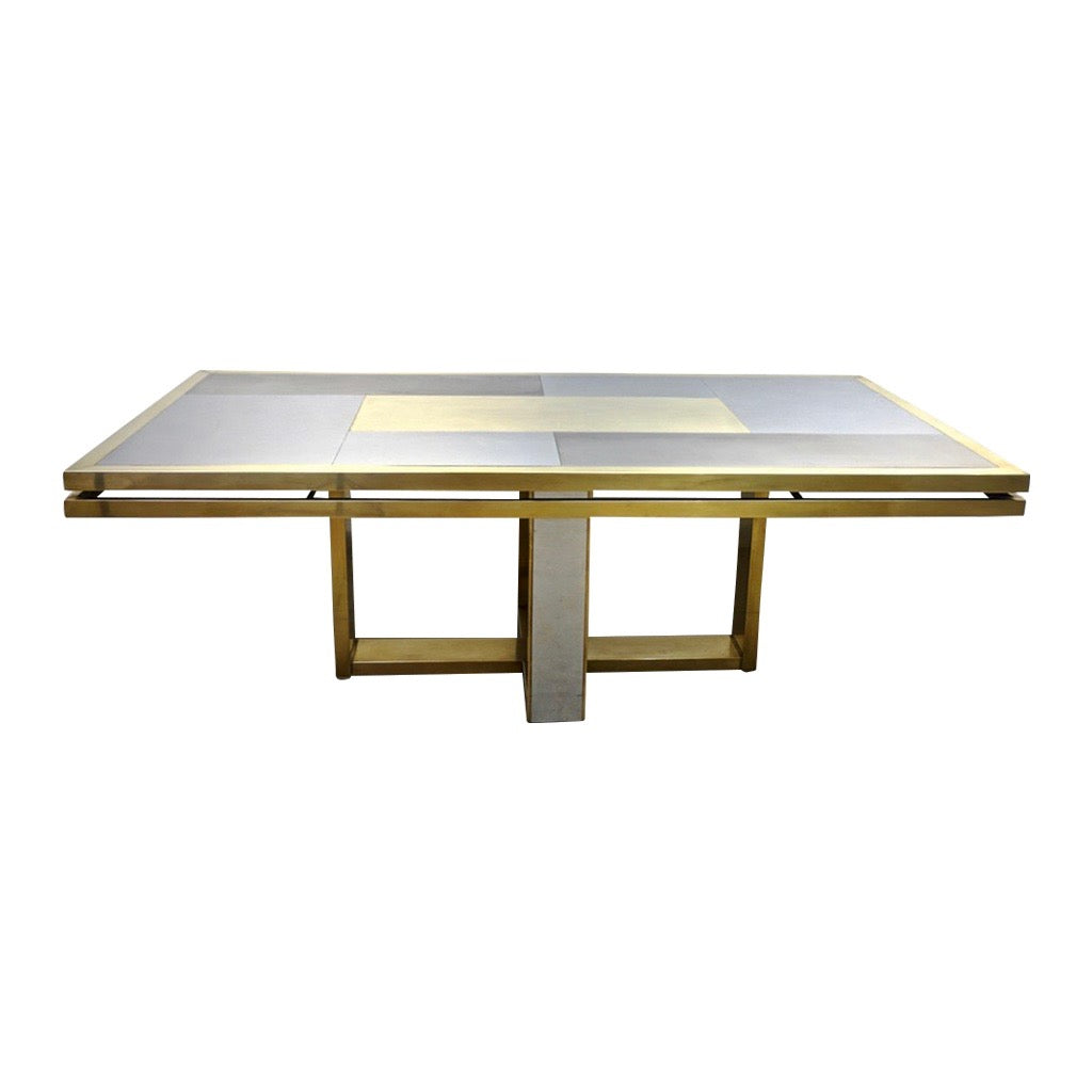 1970s Italian Brass Satin and Chrome Geometric Large Dining/Hall Table - Cosulich Interiors & Antiques