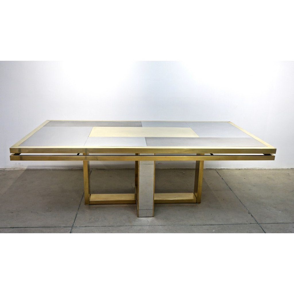 1970s Italian Brass Satin and Chrome Geometric Large Dining/Hall Table - Cosulich Interiors & Antiques