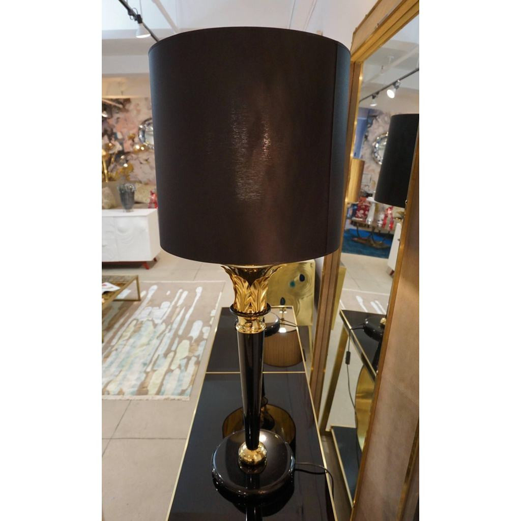 1970 Italian Hollywood Regency Pair of Black Lacquered and Gold Leaf-Motif Lamps - Cosulich Interiors & Antiques
