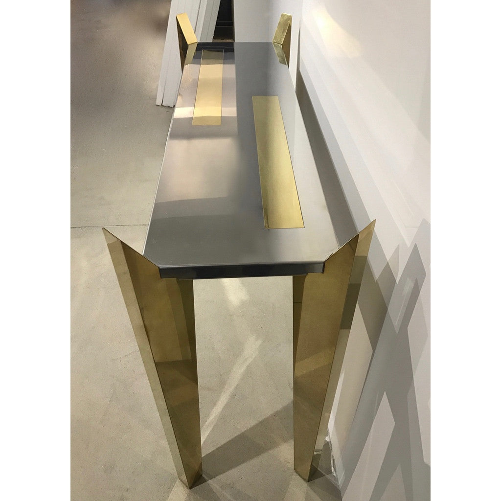 1970's Vintage Italian Brass and Nickel Wood Console of Modern Graphic Design - Cosulich Interiors & Antiques
