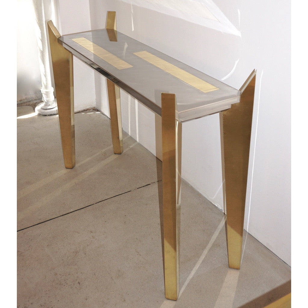 1970's Vintage Italian Brass and Nickel Wood Console of Modern Graphic Design - Cosulich Interiors & Antiques