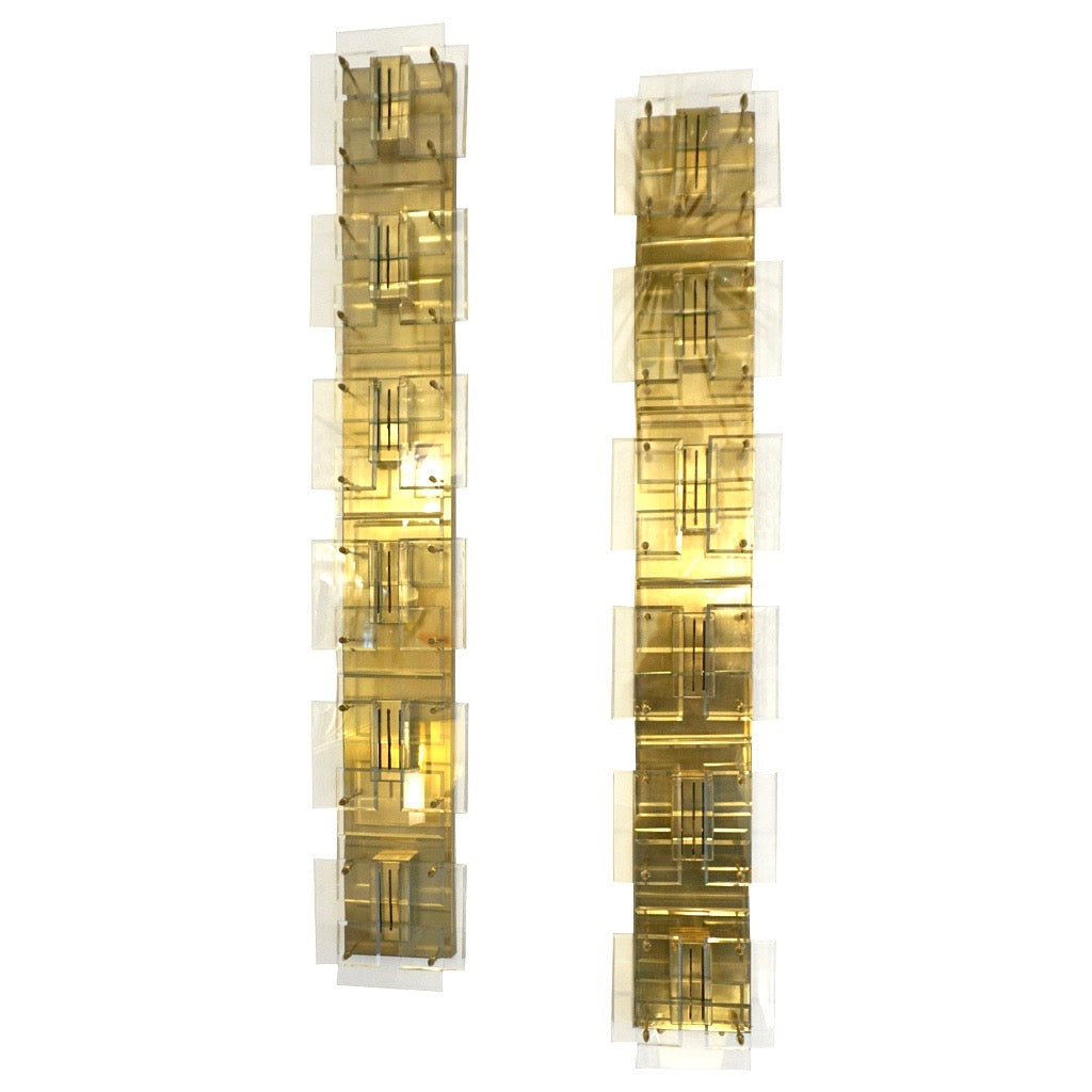 1980s Italian Pair of Modern Gold Brass Monumental Sconces with Aqua Tint Glass - Cosulich Interiors & Antiques
