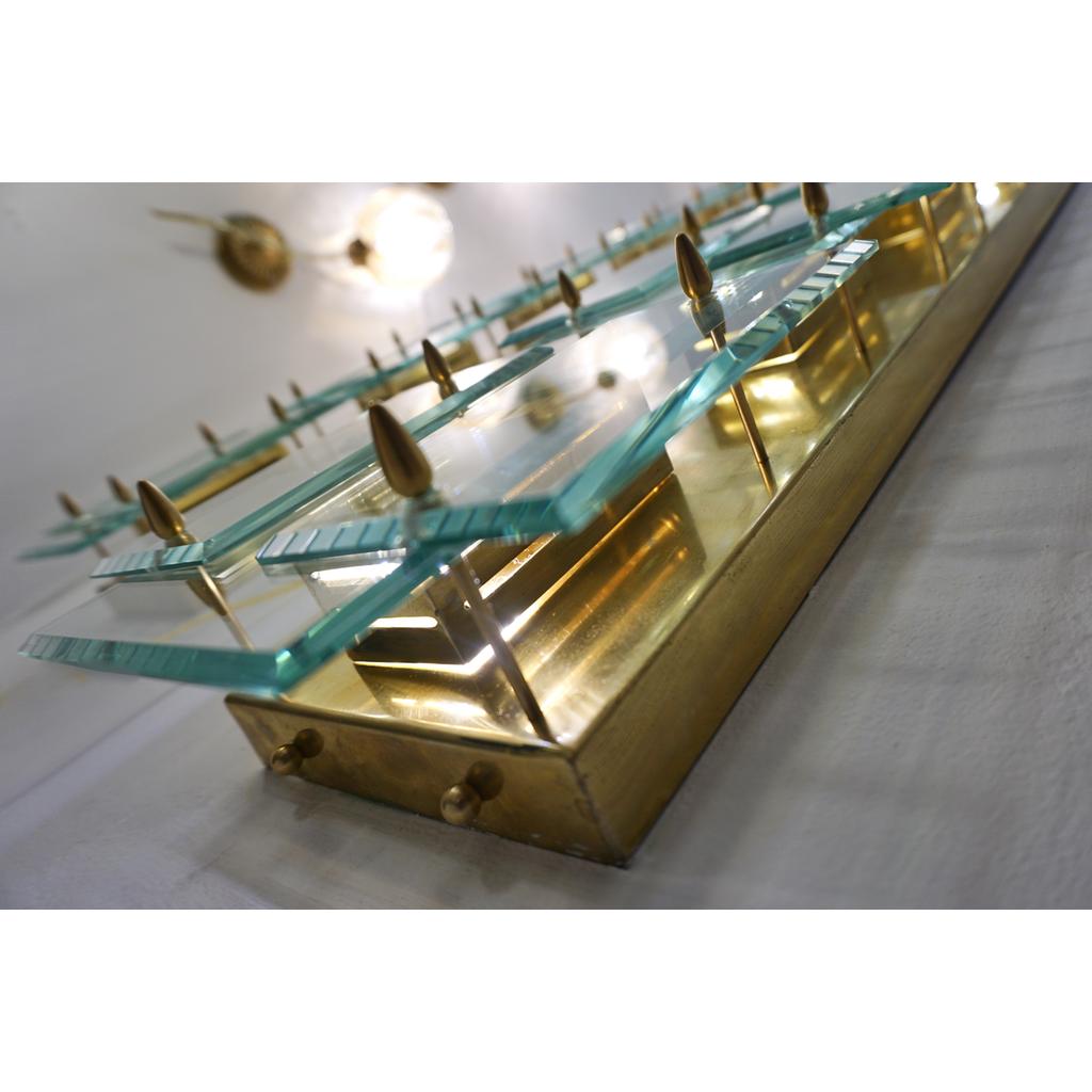 1980s Italian Pair of Modern Gold Brass Monumental Sconces with Aqua Tint Glass - Cosulich Interiors & Antiques