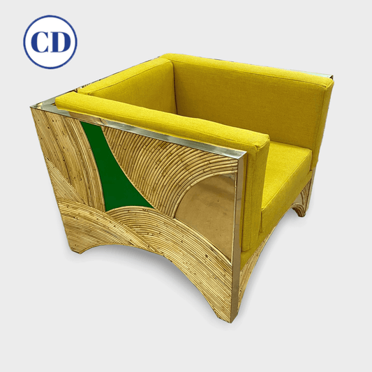 Contemporary Italian Rattan Armchair with Green Brass Details & Yellow Fabric