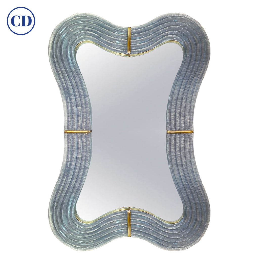 Contemporary Italian Pearl Gray Blue Murano Glass Curved Mirror & Brass Accents