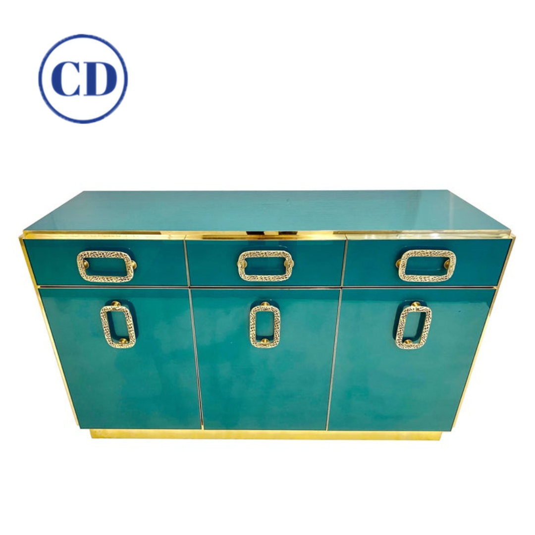 Bespoke Italian Art Design Brass Metallic Emerald Blue Glass Dresser Sideboard