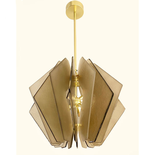 Contemporary Italian Beige Textured Murano Glass Satin Brass Pendant/Chandelier