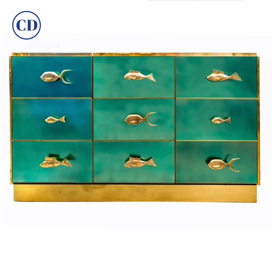 Bespoke Italian Brass Emerald Blue Green Art Glass 9-Drawer Dresser Sideboard