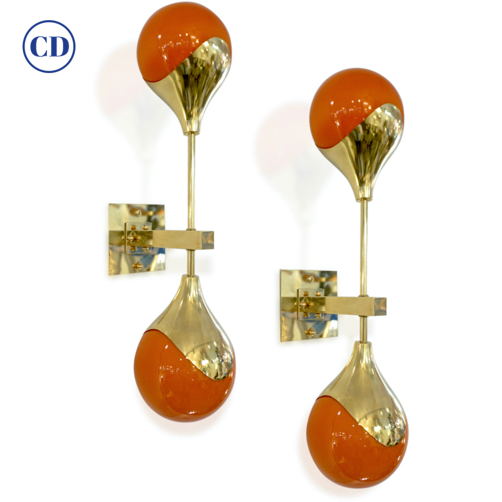 Contemporary Italian Pair of Two Globe White Orange Murano Glass Brass Sconces