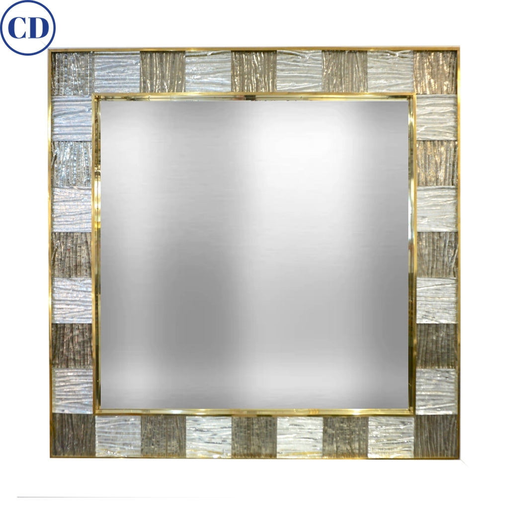 Bespoke Italian Square Silver Leaf Smoked Crystal Murano Glass Brass Tile Mirror
