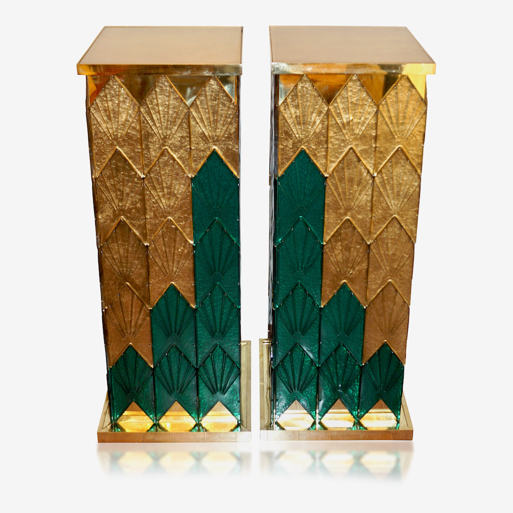 Bespoke Italian Art Deco Style Green Gold Murano Glass Brass and Wood Pedestals