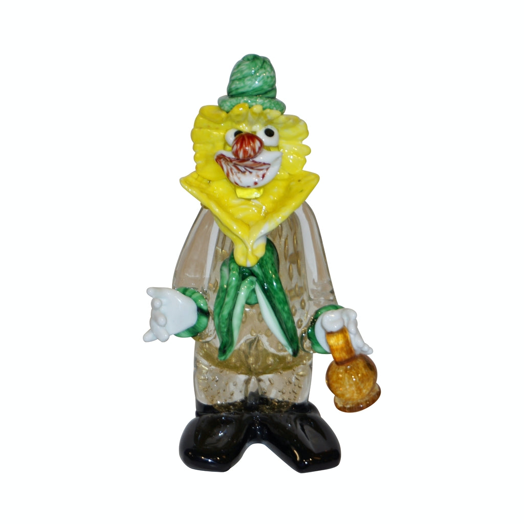 Modern Italian Yellow Black Murano Glass Clown Sculpture with Bottle & Green Tie