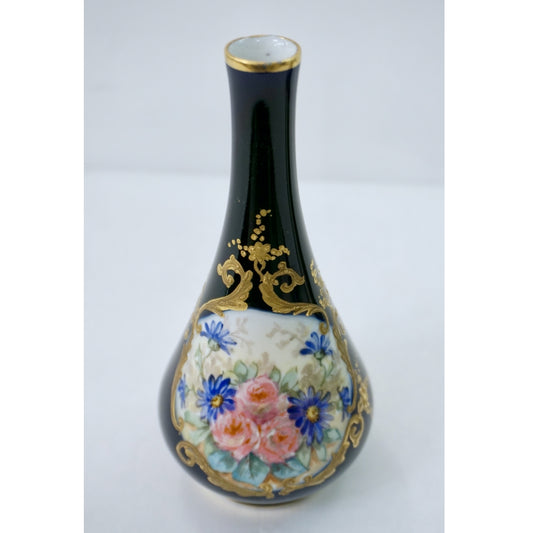 Limoges Porcelain 1930s Vintage French Pair of Cobalt Blue One Flower Vases