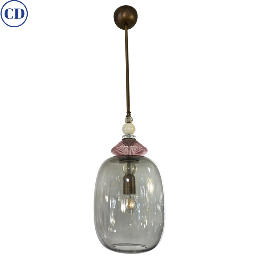 Custom Italian Purple Crystal Gold and Gray Smoked Murano Glass Pendant Light