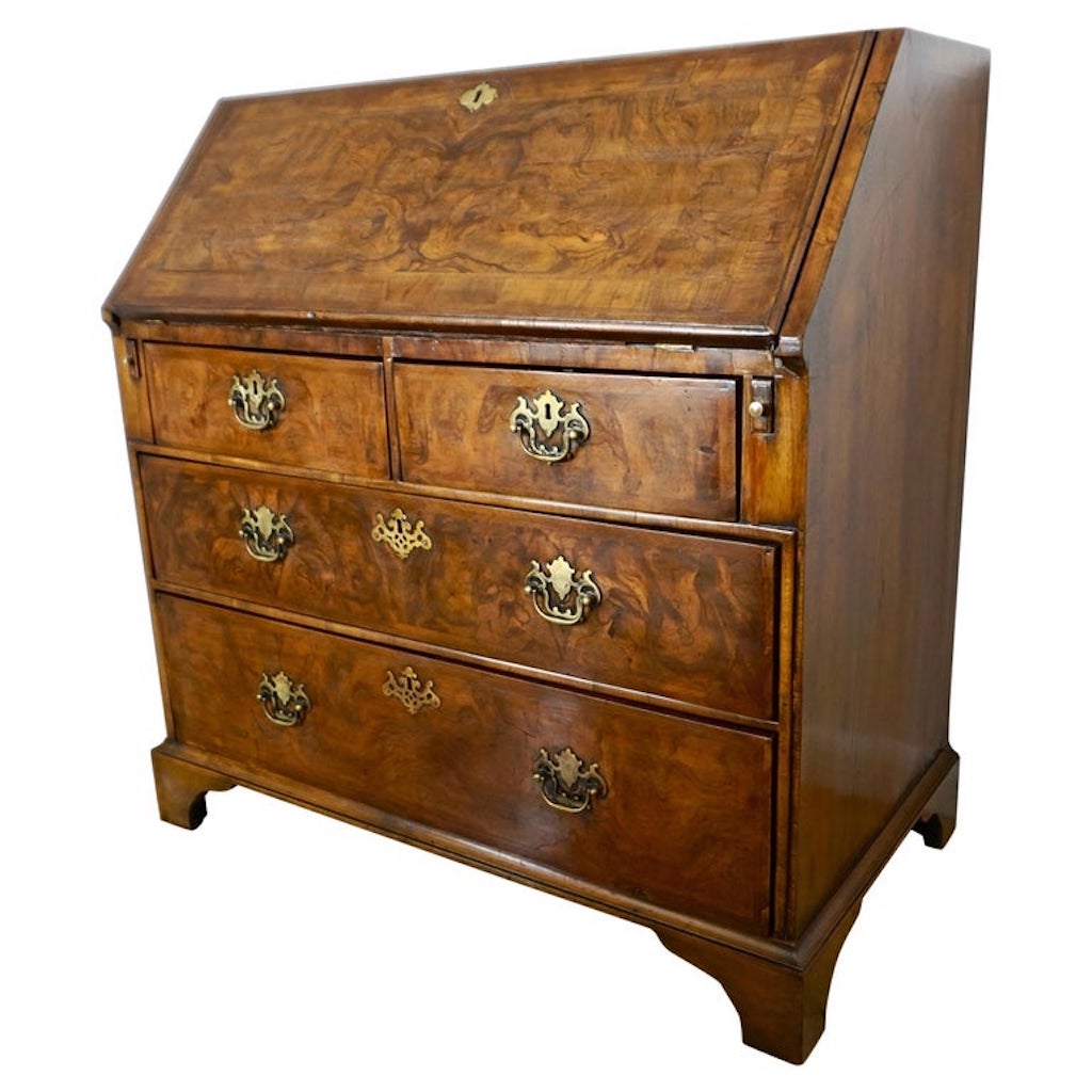 Early 18th Century English Walnut Veneered Stepped Interior Georgian Bureau Desk