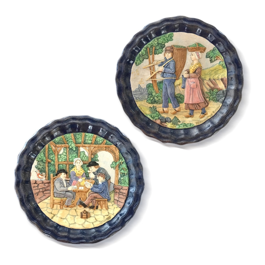 1880 French Country Pair of Navy Blue Edged Folk Art Majolica Decorative Plates