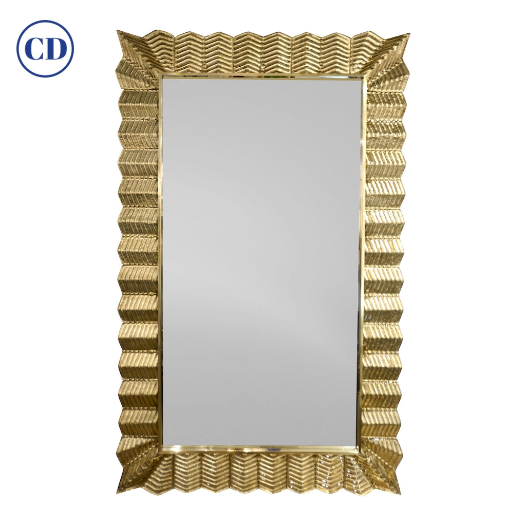 Bespoke Italian Art Deco Design Ruffled Gold Murano Glass Brass Mirror