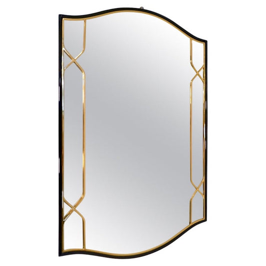 1970 Vintage Italian Art Deco Design Black Lacquered & Brass Fretwork Mirror