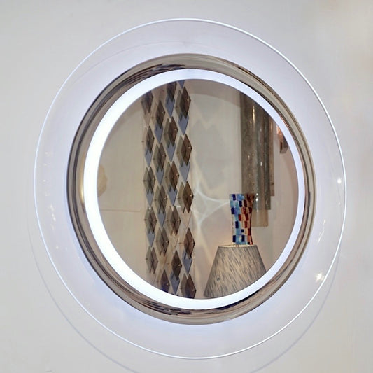 Contemporary Italian Minimalist Curved Silver & Frosted Glass Round Lit Wall Mirror