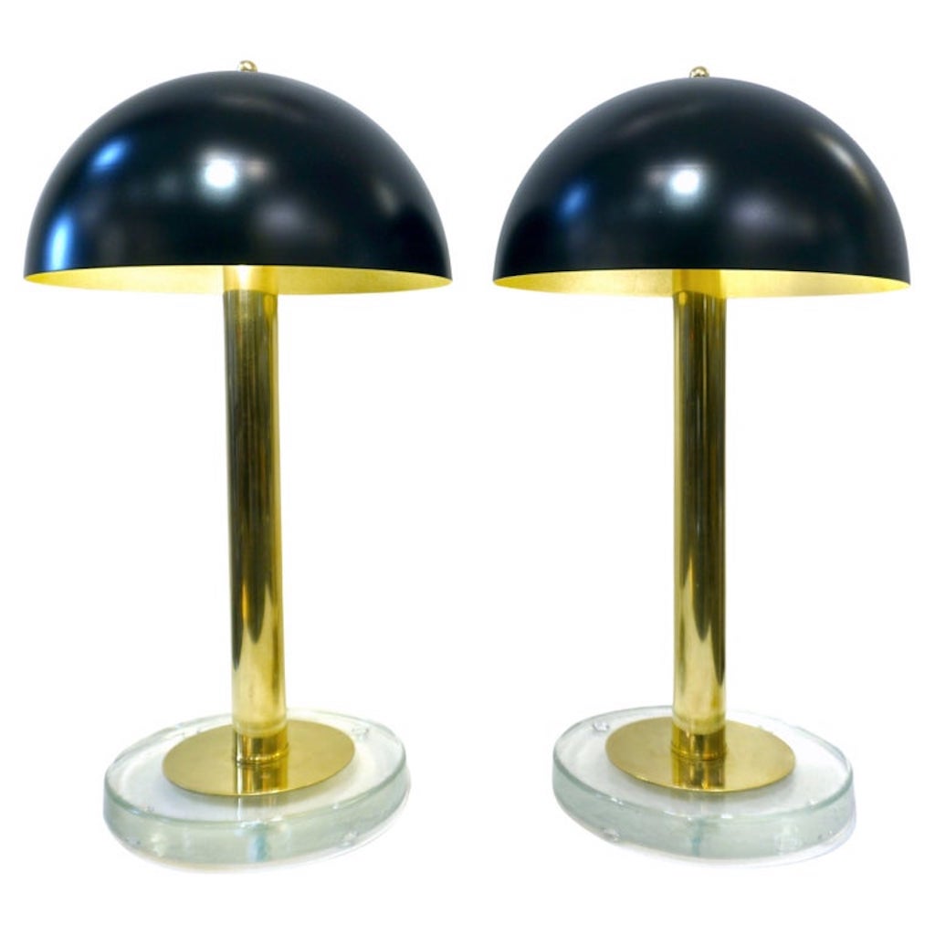 Italian Modern Pair of Art Deco Design Black and Gold Lacquer Brass Dome Lamps
