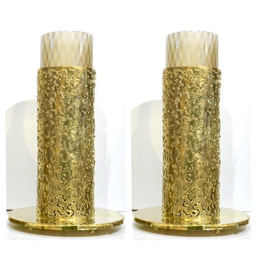 1980 Italian Brutalist Pair of Cream Beige Murano Glass Round Brass Table Lamps