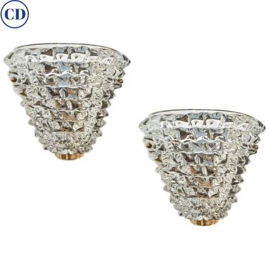 Contemporary Italian Brass & Crystal Rostrato Textured Murano Glass Sconces