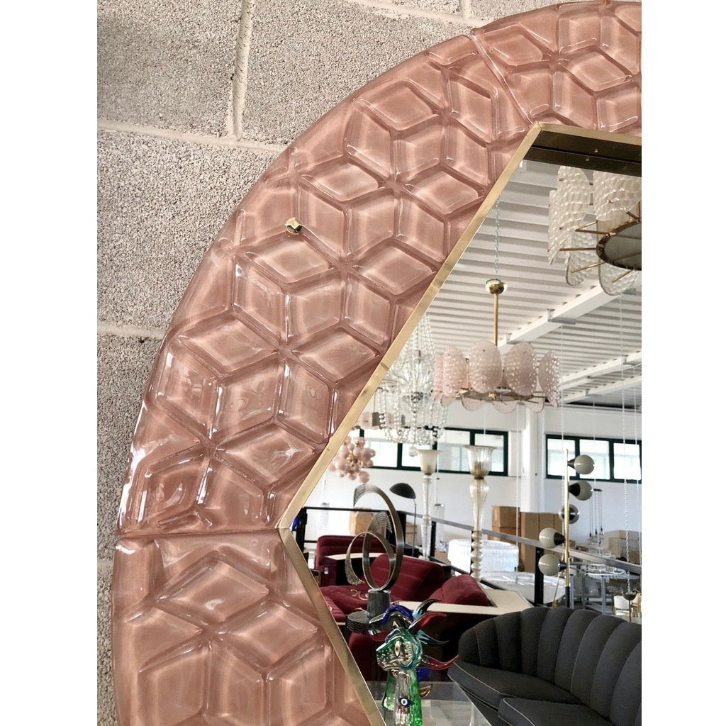 Bespoke Italian Custom Brass and Embossed Pink Murano Glass Modern Round Mirror