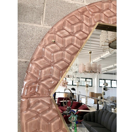 Bespoke Italian Custom Brass and Embossed Pink Murano Glass Modern Round Mirror
