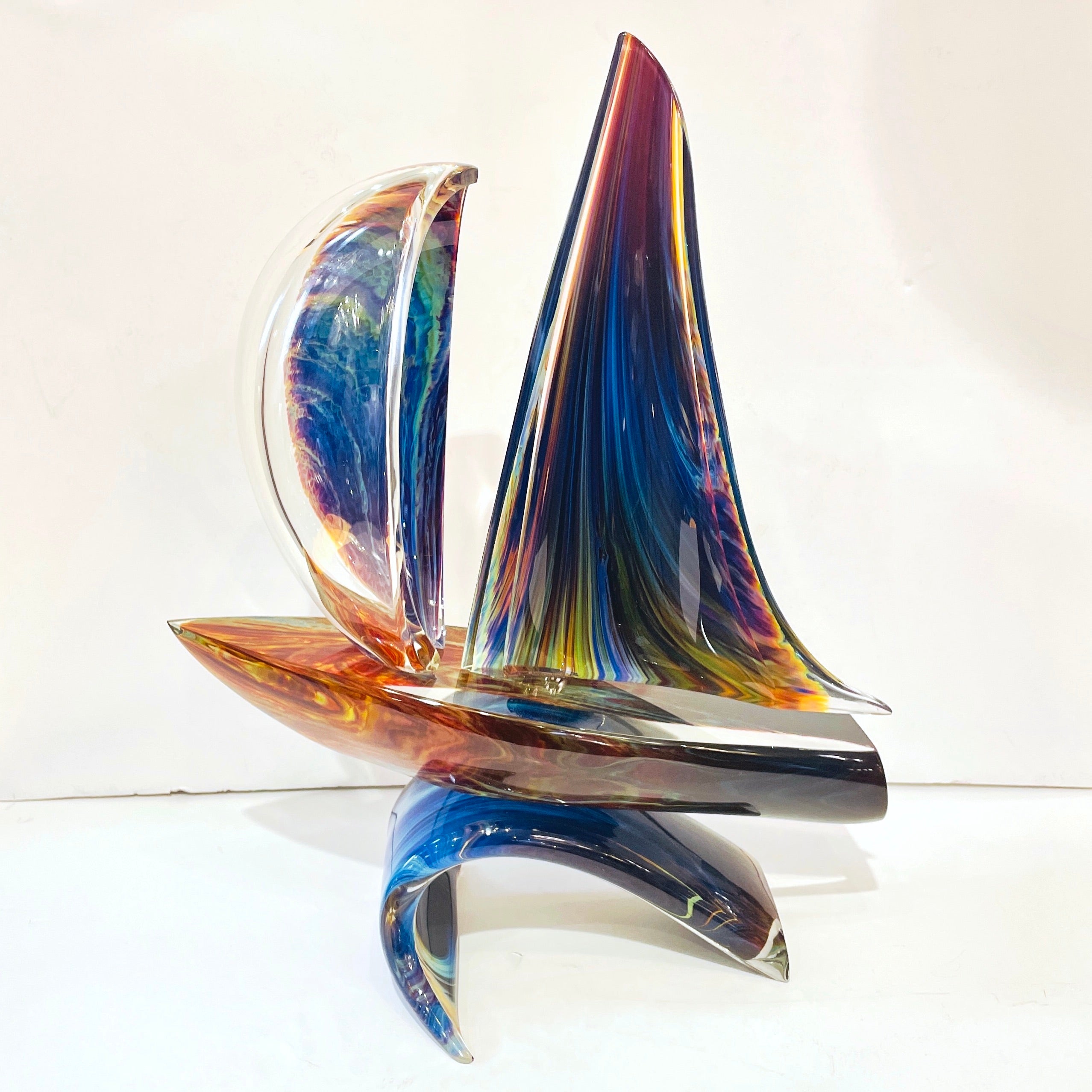 2015 Italian Yellow Blue Brown Crystal Murano Glass Boat Modernist