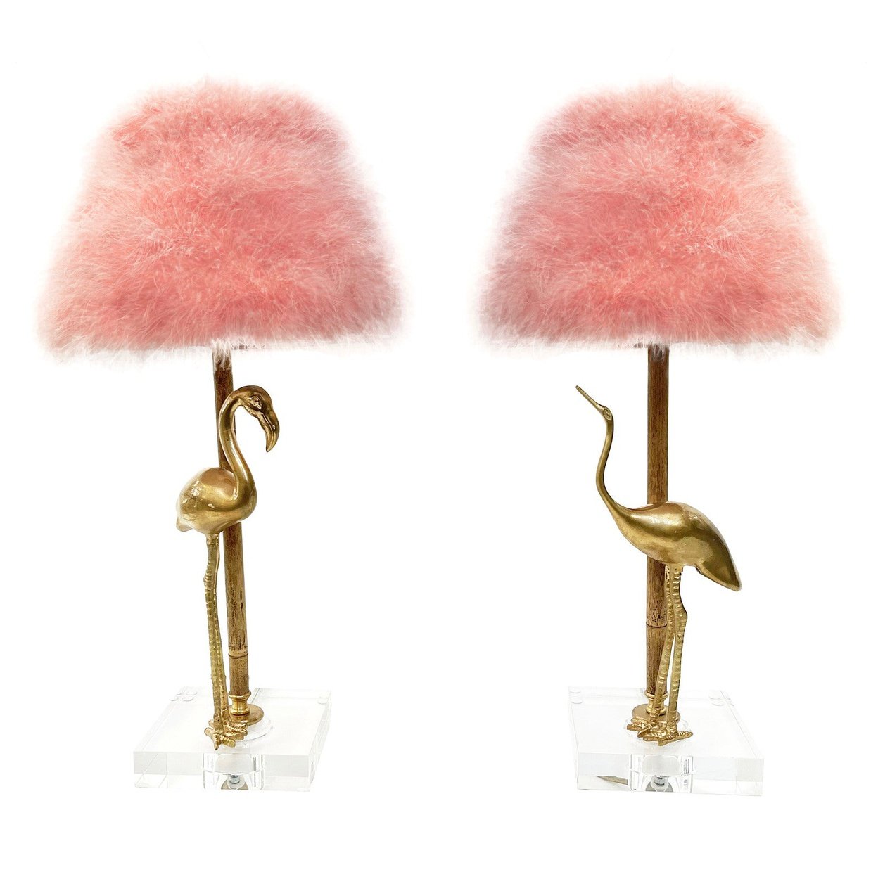 1970 Italian Vintage Pair of Brass Lucite Bamboo Table Lamps & Pink Fur Shades