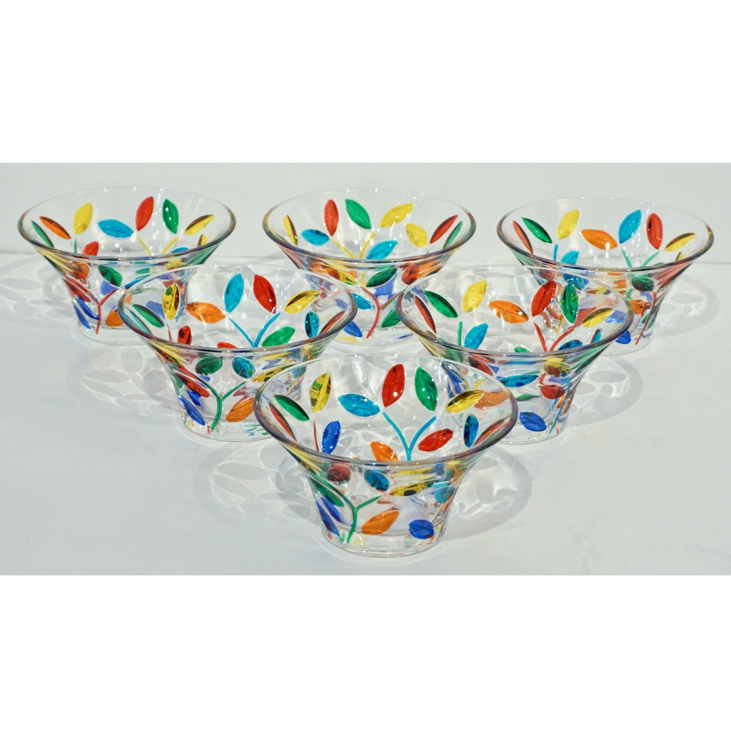 Colleoni Modern Set of 6 Crystal Murano Glass Cups / Bowls with Colorful Leaves
