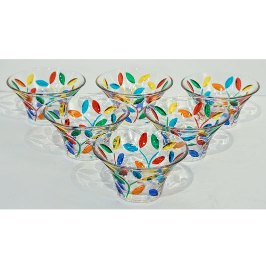 Colleoni Modern Set of 6 Crystal Murano Glass Cups / Bowls with Colorful Leaves