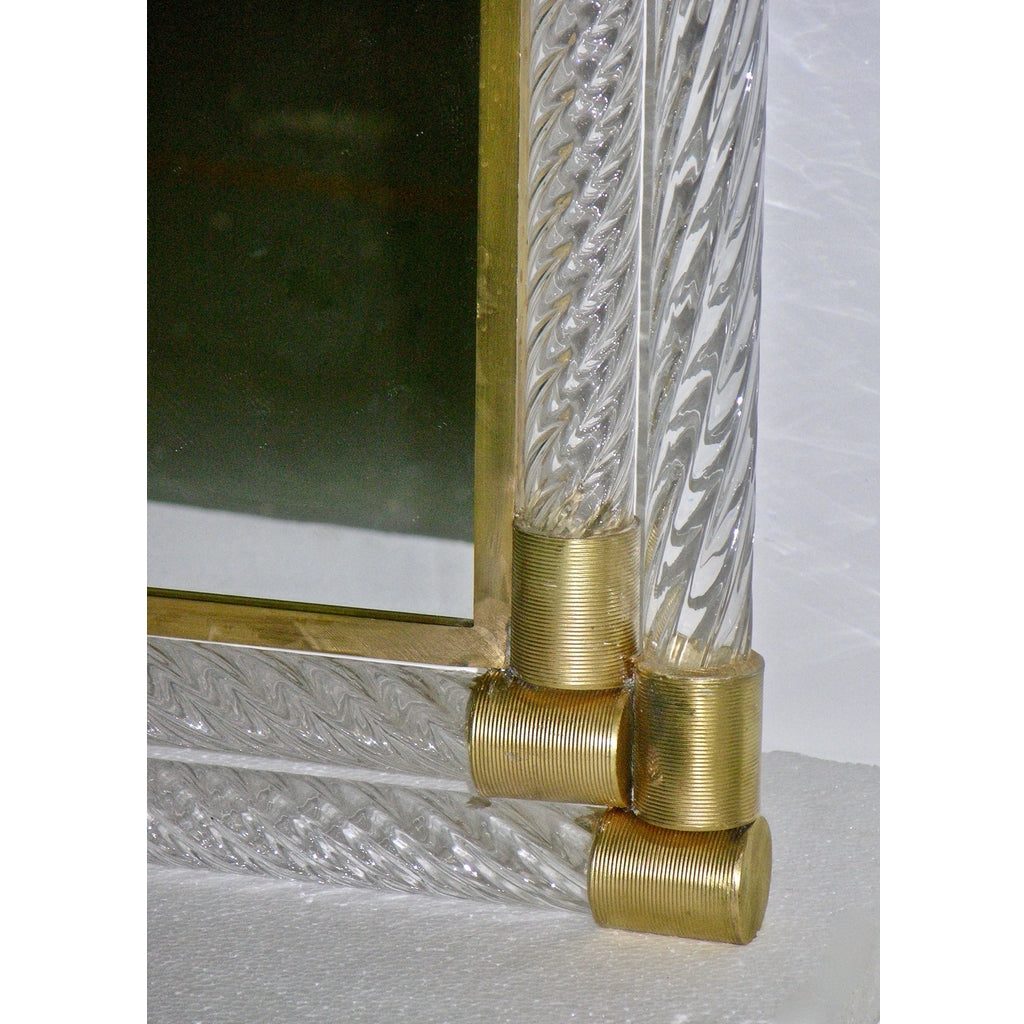 Italian Double Frame Twisted Crystal Murano Glass Mirror with Gold Brass Accents