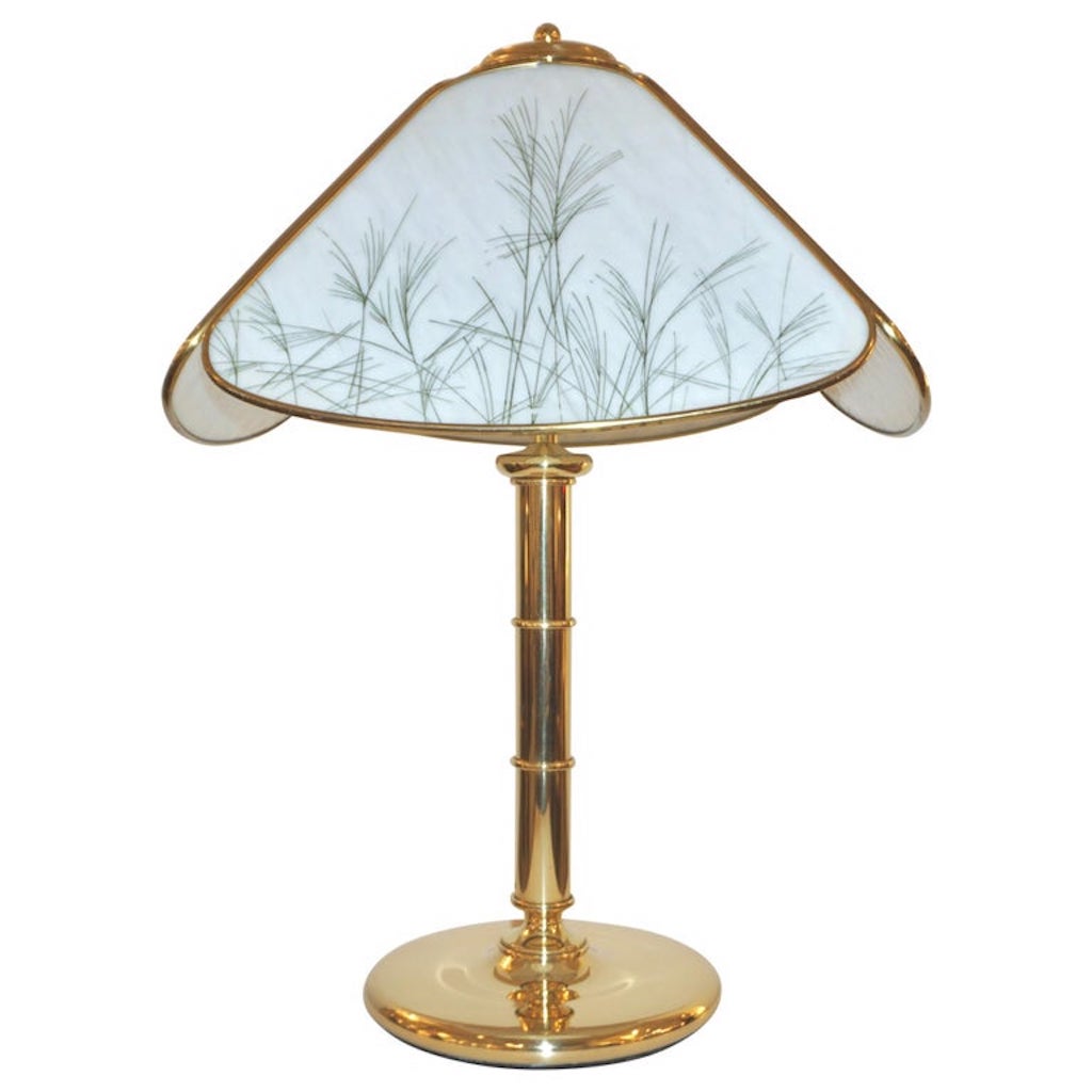 Poliarte 1960s Italian Feather Reed Grass & Bamboo Decor White Glass Brass Lamp