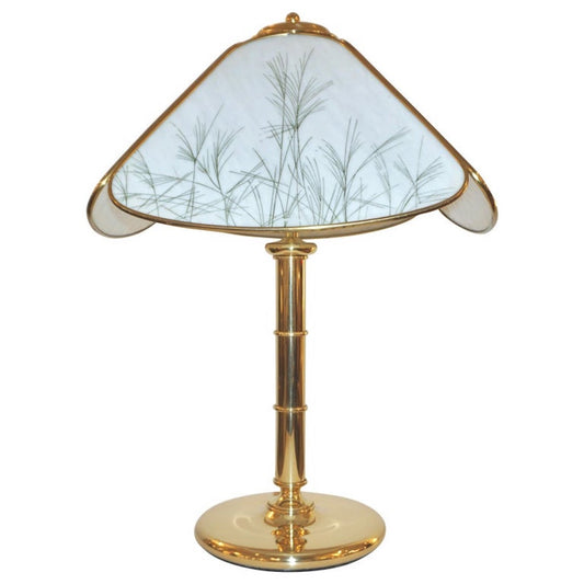 Poliarte 1960s Italian Feather Reed Grass & Bamboo Decor White Glass Brass Lamp