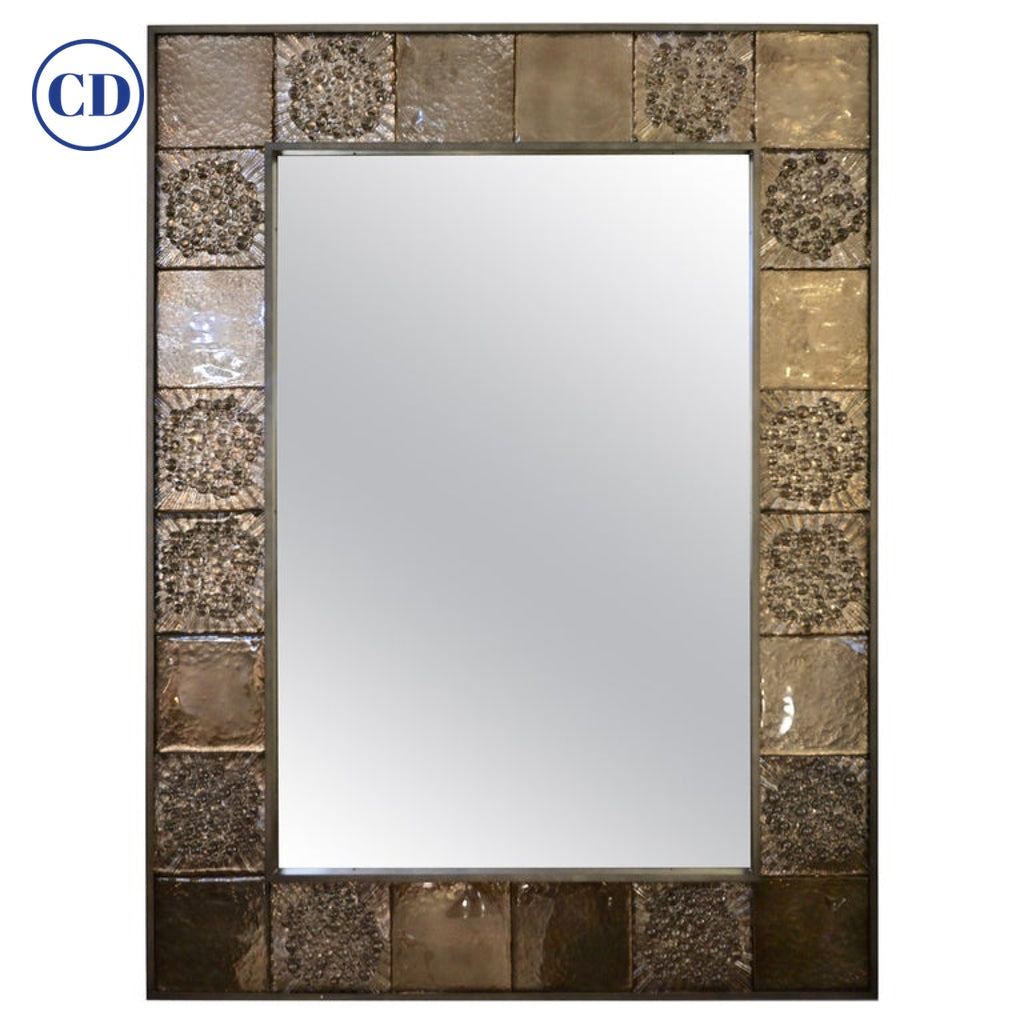Bespoke Italian Smoked Amber Mirrored Murano Glass Geometric Bronze Tile Mirror