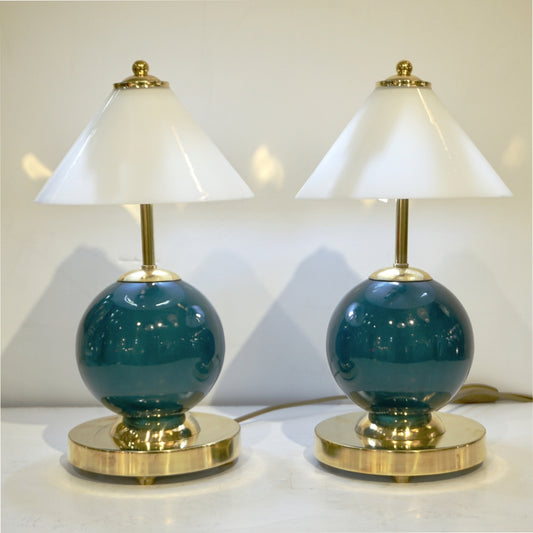 1980s Italian Vintage White & Jade Green Murano Glass Brass Desk / Table Lamps