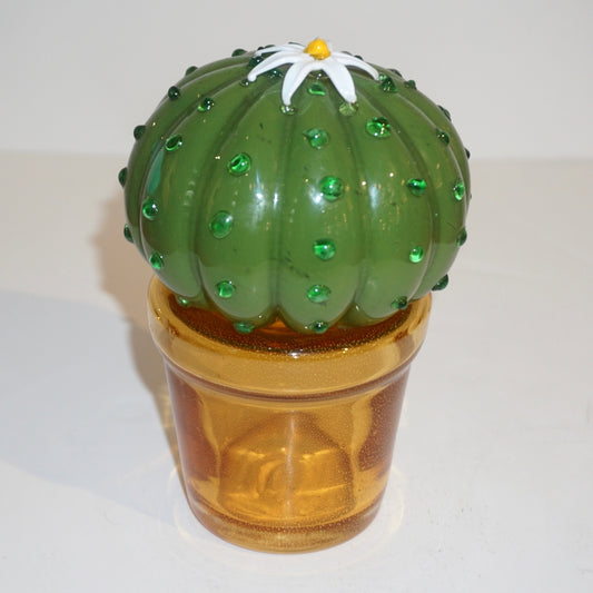 1990s Vintage Italian Green Murano Glass Small Cactus Plant with White Flower