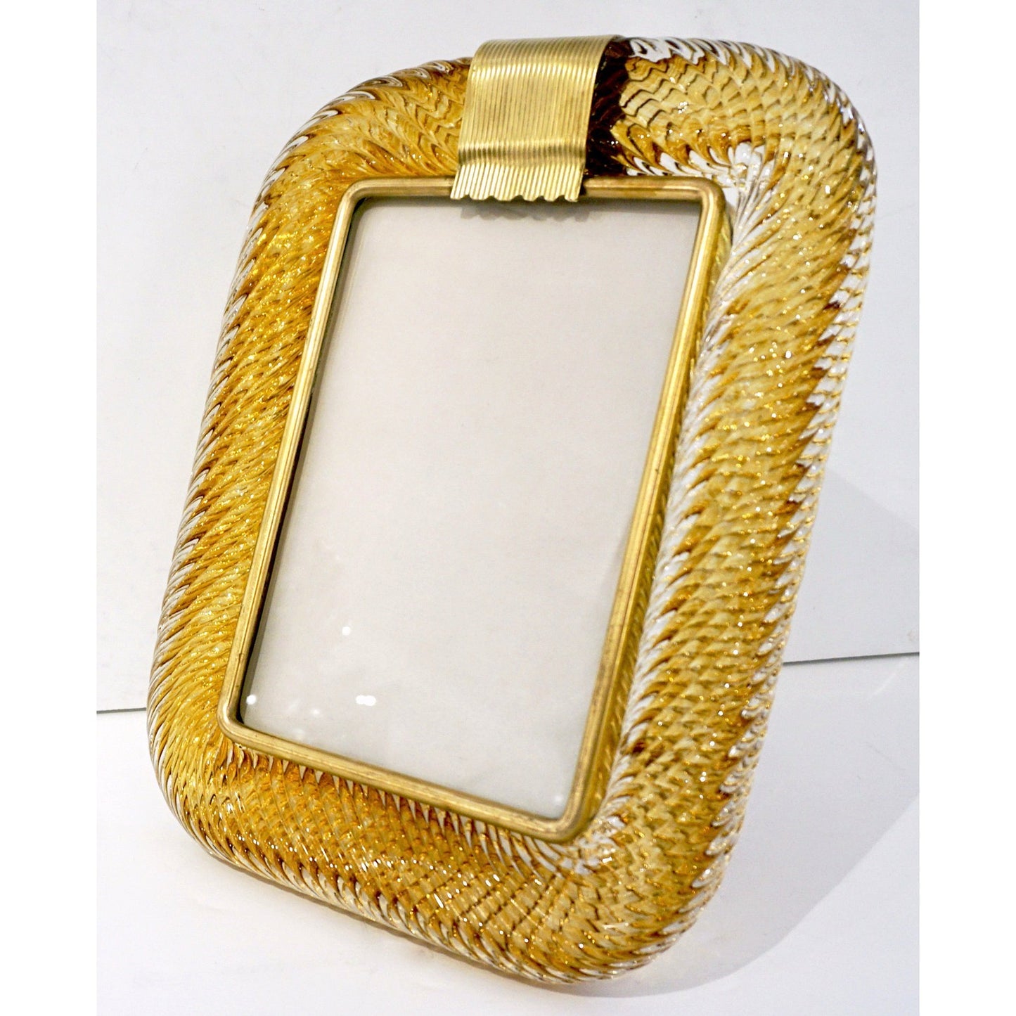 Venini 1980s Italian Vintage Tall Amber Gold Murano Glass and Brass Photo Frame