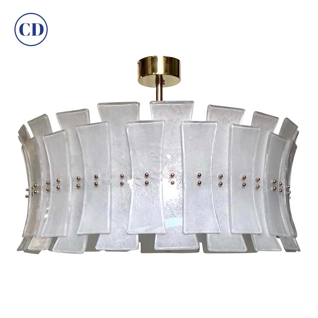 Italian Contemporary Art Deco Design White Frosted Murano Glass Drum Chandelier