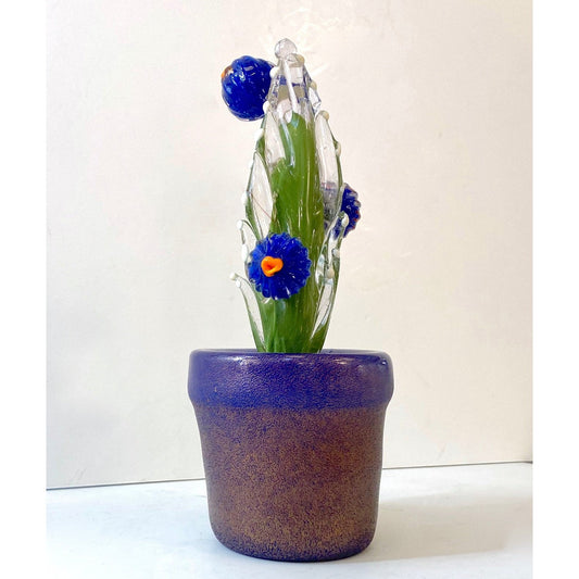 2000s Italian Moss Green Gold Murano Art Glass Cactus Plant with Blue Flowers