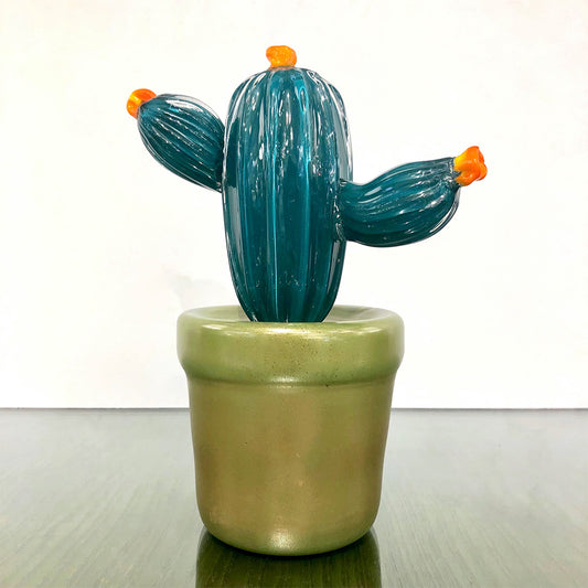2000s Italian Teal Green Gold Murano Art Glass Cactus Plant with Orange Flowers