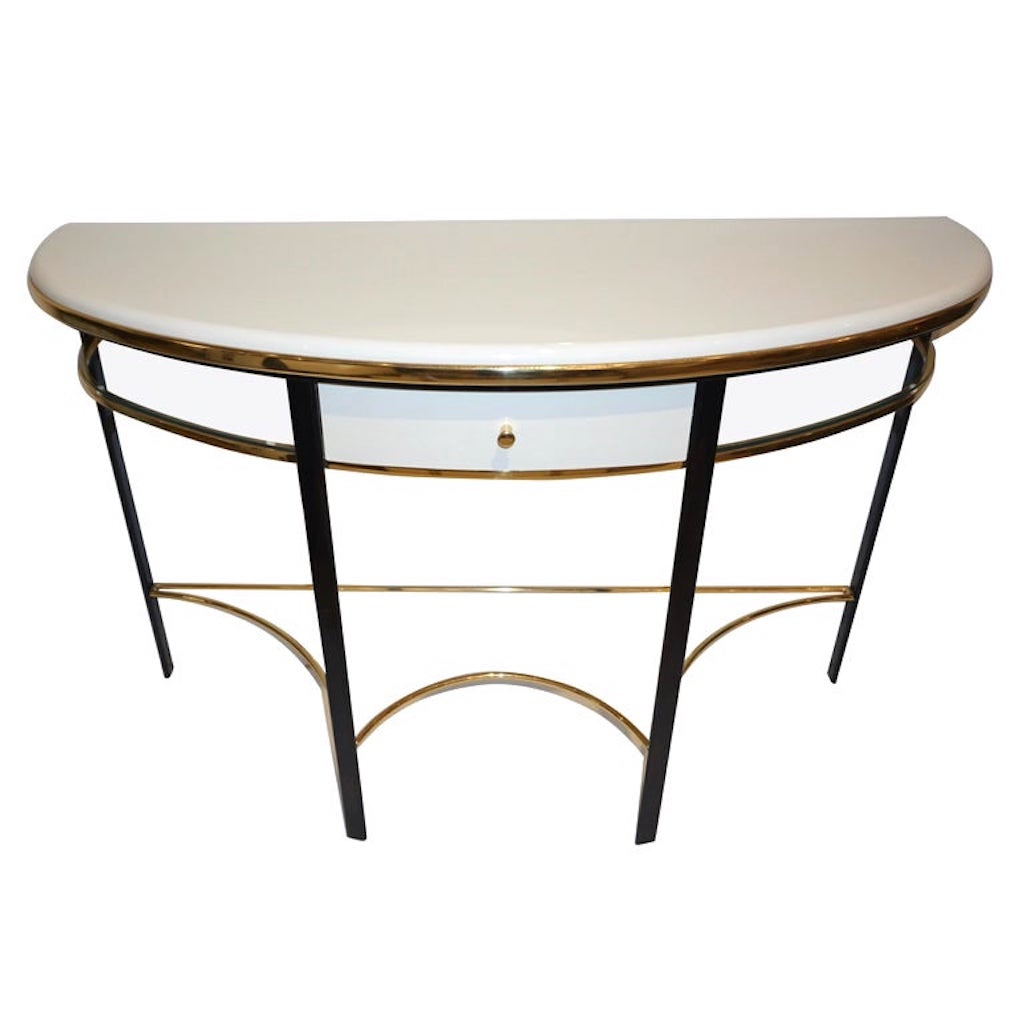 1970s Vintage Italian One-Drawer Black & Cream Lacquered Brass Demi Lune Console