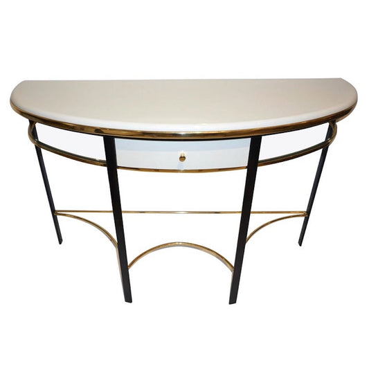 1970s Vintage Italian One-Drawer Black & Cream Lacquered Brass Demi Lune Console