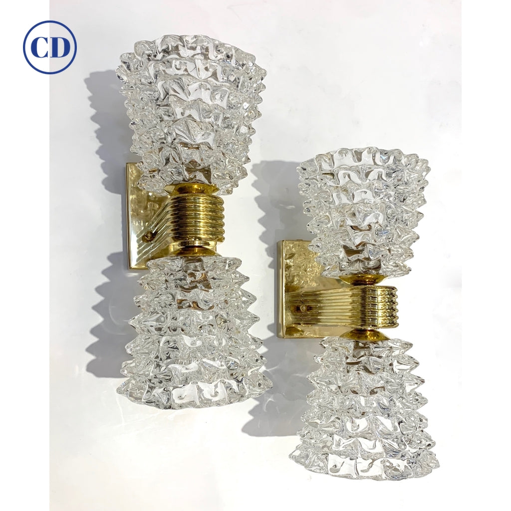 Contemporary Italian Rostrato Crystal Murano Glass & Brass Double-Lit Sconces